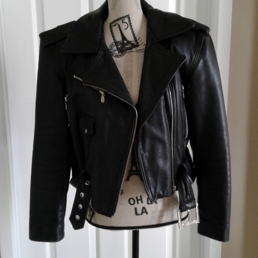 Black leather biker motorcycle moto jacket.